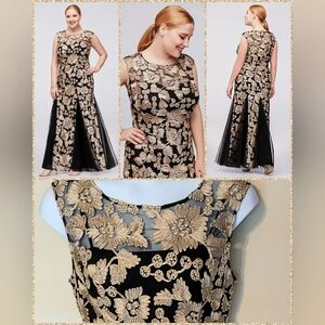 Alex Evenings/David's Bridal, Champagne-Black, Embroidered, Tulle Godets, Sz. 16